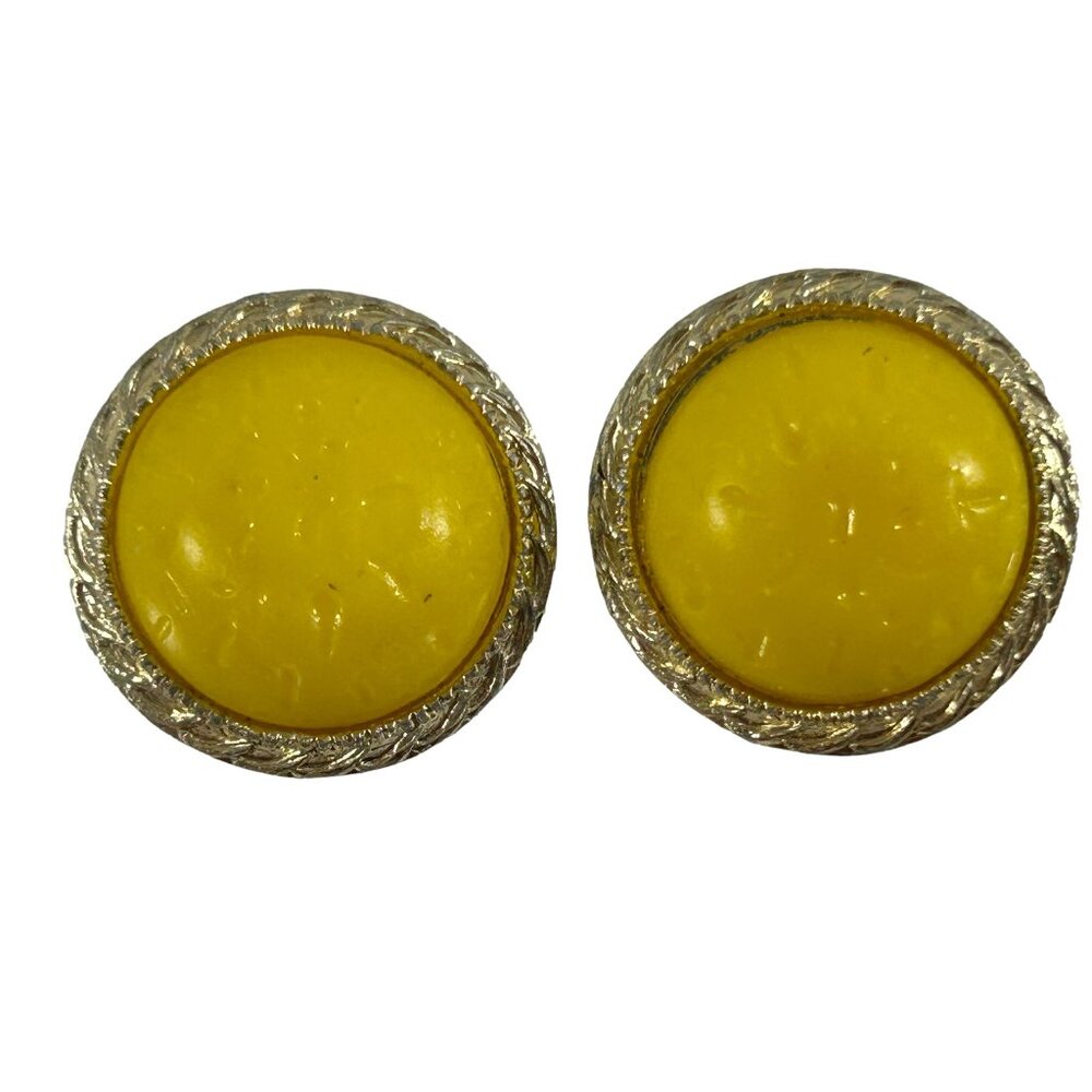 Vintage Clip On Earrings Marked Japan Yellow Plastic Dome Gold Tone Border